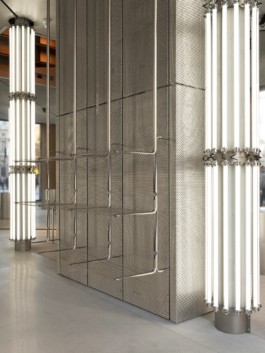 Tube cutout shelving, rails and racks developed and produced by ErtlundZull. Designed by Thorben Groeble with B+ for the Trussardi Flagship store in Milan, Italy. ErtlundZull