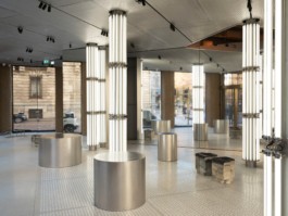 Round steel displays, tube cutout shelving, rails, racks and displays made from repurposed car parts developed and produced by ErtlundZull. Design by Thorben Gröbel for the Trussardi Flagship store in Milan, Italy. ErtlundZull