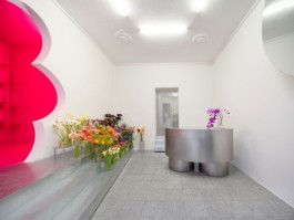 ErtlundZull planned and produced the new flower shop of Studio Linné in Berlin Kreuzberg, 2022. Under the creative direction of Ayscha Omar and Simon Ertl. Involving a cute steel counter, stairs, a floral portal to the pink showcasing room with a pink shelving, a moving freeform mirror and metal curtain with flower tiebacks inspired by an idea of Atefa Omar. Development, production and installation by ErtlundZull. Photos by Studio Bowie. ErtlundZull
