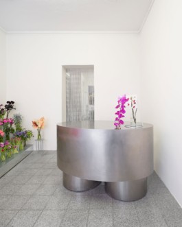 ErtlundZull planned and produced the new flower shop of Studio Linné in Berlin Kreuzberg, 2022. Under the creative direction of Ayscha Omar and Simon Ertl. Involving a cute steel counter, stairs, a floral portal to the pink showcasing room with a pink shelving, a moving freeform mirror and metal curtain with flower tiebacks inspired by an idea of Atefa Omar. Development, production and installation by ErtlundZull. Photos by Studio Bowie. ErtlundZull